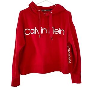 Calvin Klein Crop Hoodie Sweatshirt Womens Size Large Red Thumb Holes Pullover